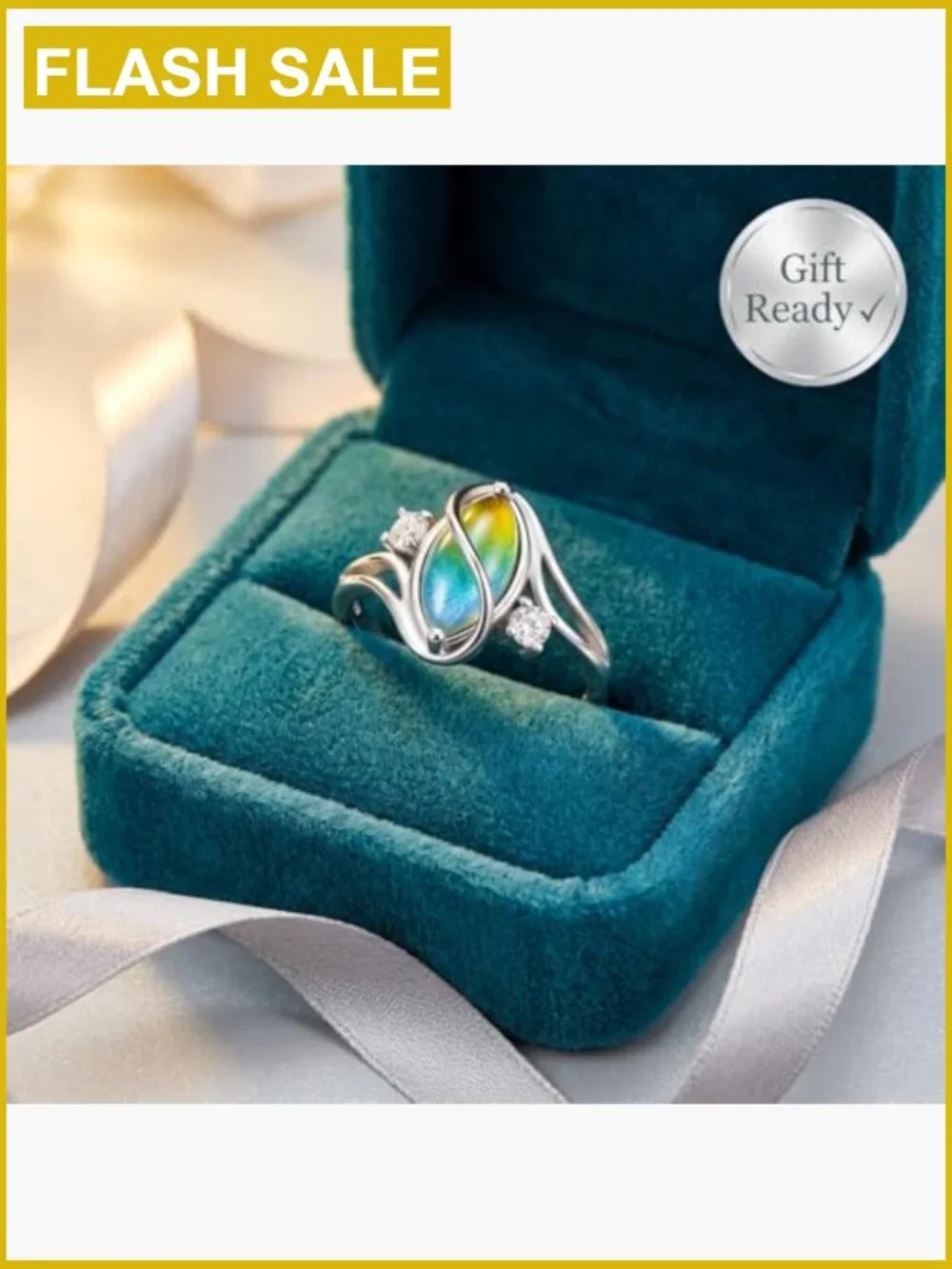 Silver-Plated Bypass Mood Ring with CZ Accents - Size 7